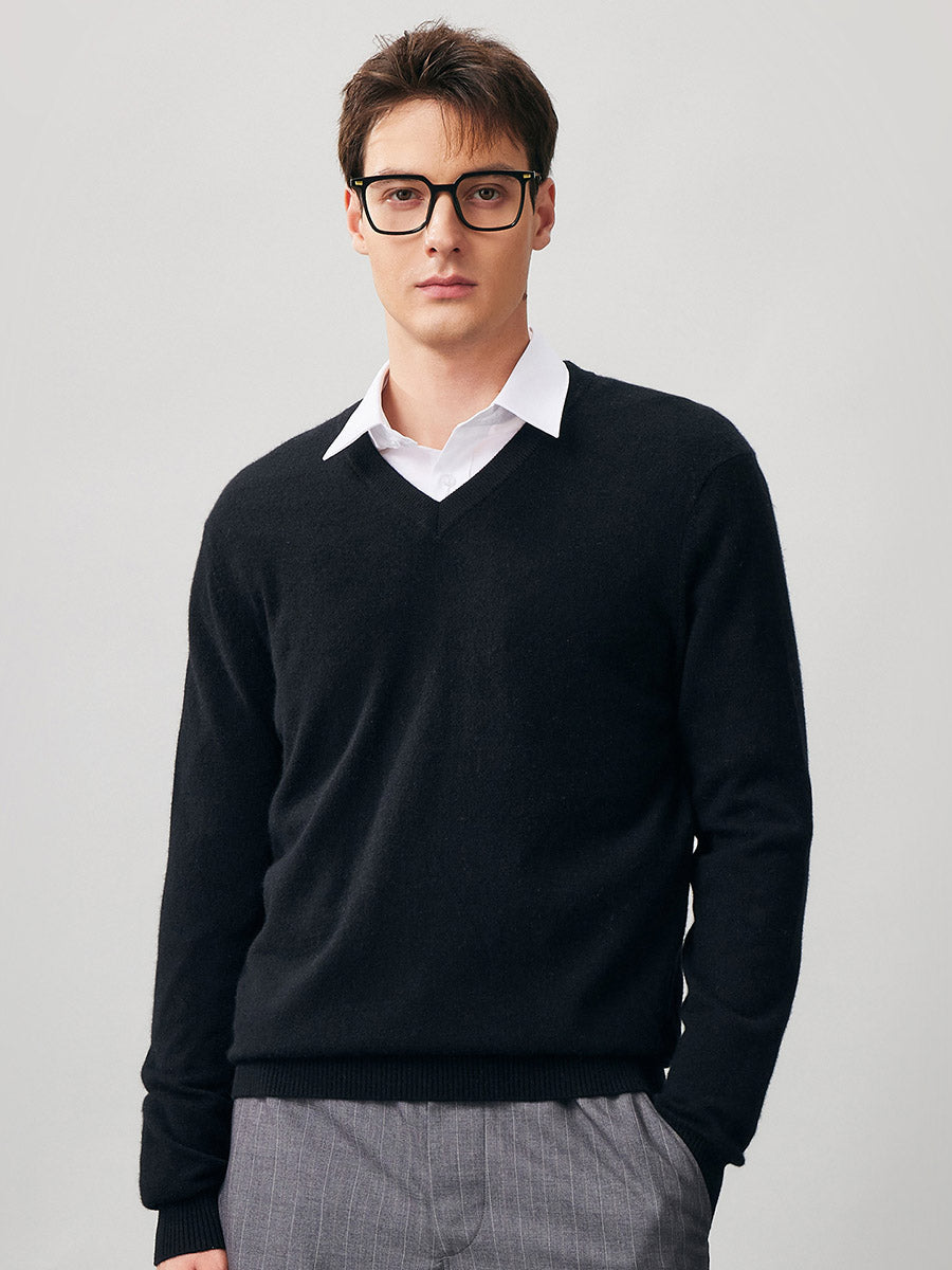 COMOBOCA BLACK 100% Cashmere Men's V-Neck Sweater