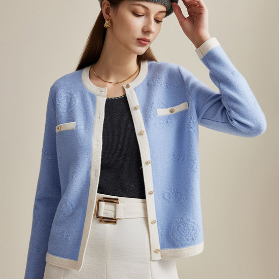 COMOBOCA 100% Wool Women's Contrast Trim Floral Embroidery Cardigan