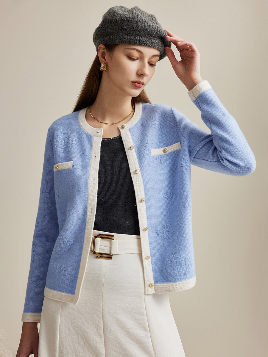 COMOBOCA 100% Wool Women's Contrast Trim Floral Embroidery Cardigan