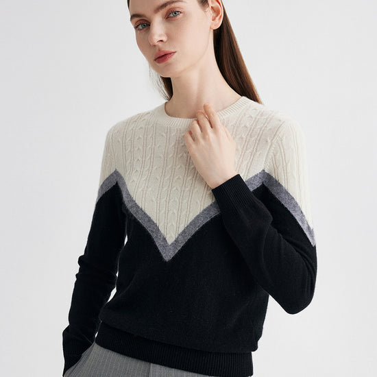 COMOBOCA 100% Cashmere Women's Color Block Cable Knit Sweater
