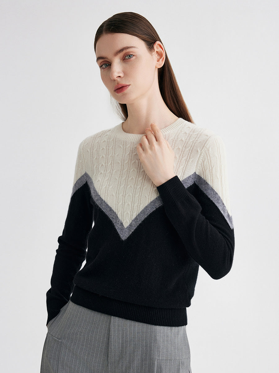 COMOBOCA 100% Cashmere Women's Color Block Cable Knit Sweater