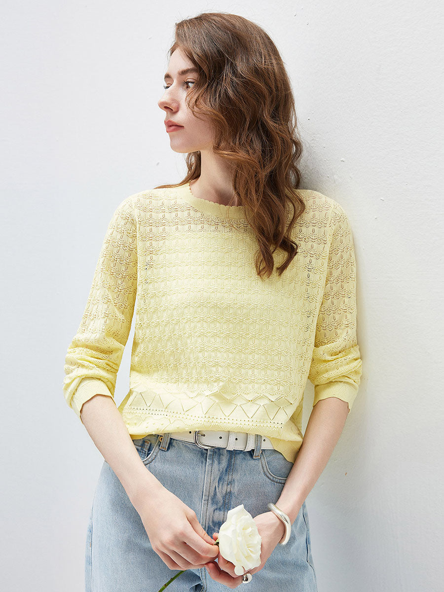 COMOBOCA Women's Openwork Round Neck Knit Sweater