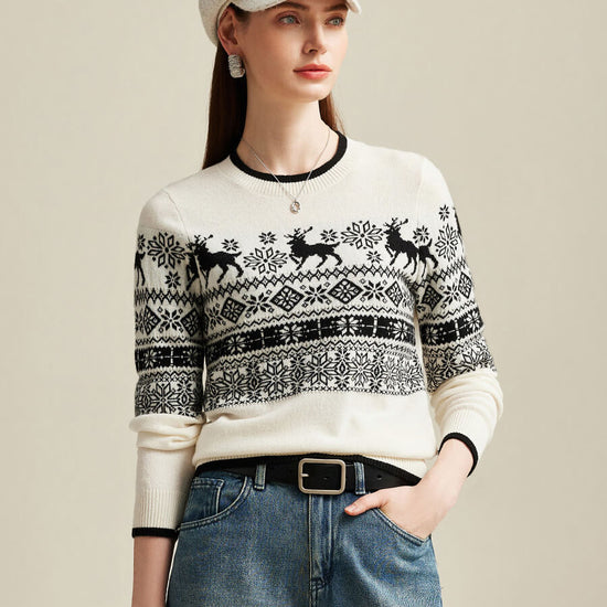 COMOBOCA 100% Cashmere Women's Nordic Reindeer Knit Sweater