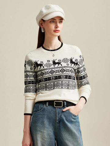COMOBOCA 100% Cashmere Women's Nordic Reindeer Knit Sweater