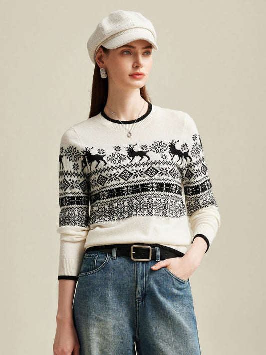 COMOBOCA 100% Cashmere Women's Nordic Reindeer Knit Sweater