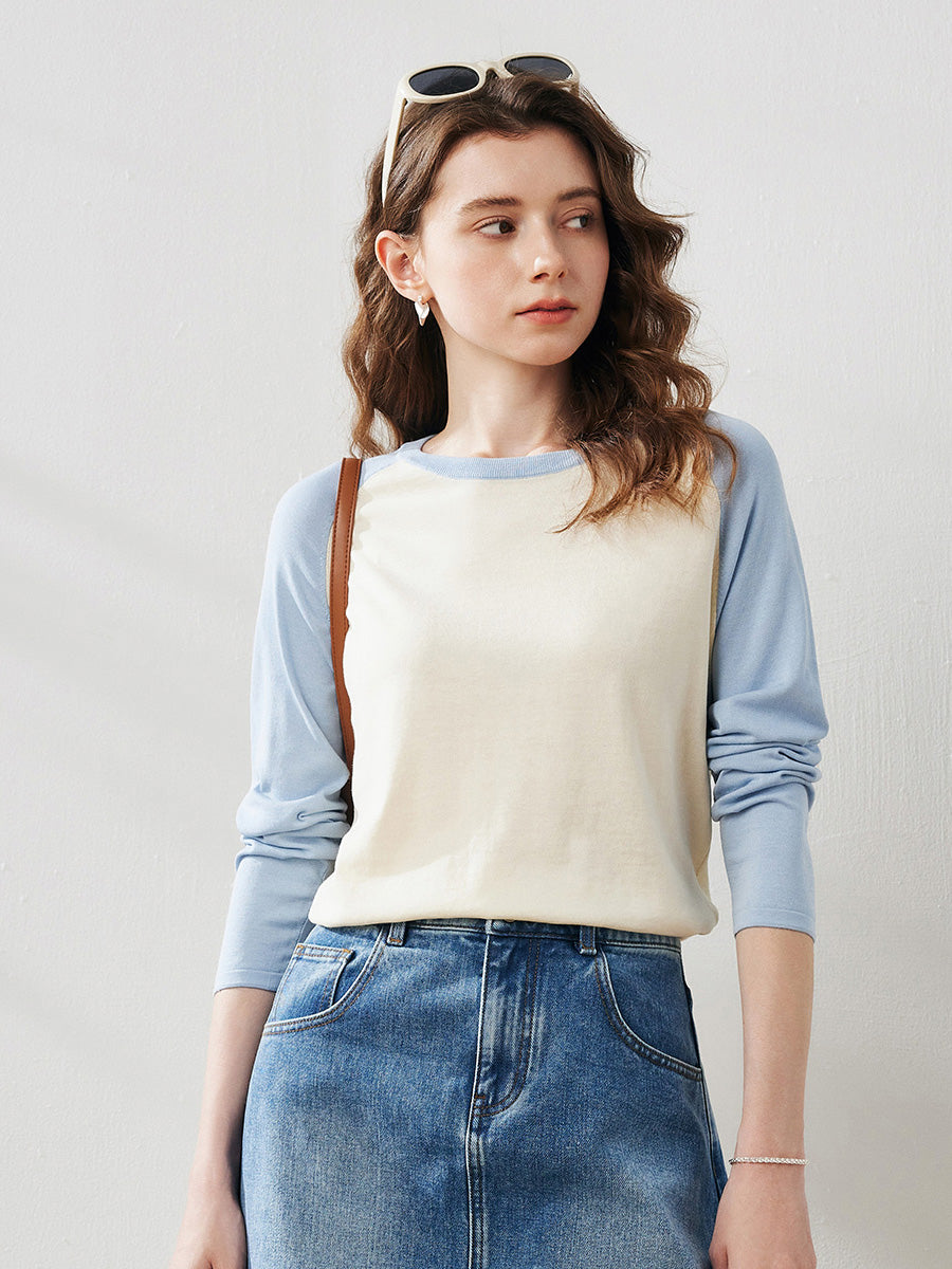 COMOBOCA Light Blue Women's Colorblock Raglan Round Neck Sweater