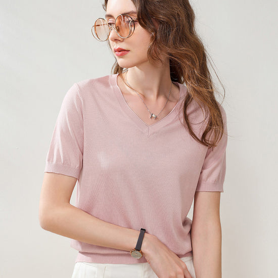 COMOBOCA Pink Women's V-Neck Knit T-Shirt