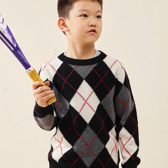 COMOBOCA Black 100% Wool Kids' Ribbed Argyle Knit Sweater