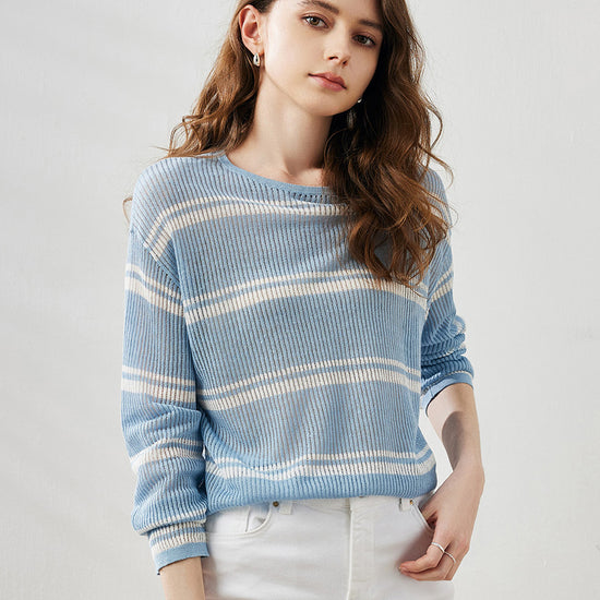 COMOBOCA Light Blue Women's Striped Ribbed Round Neck Sweater