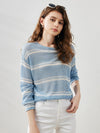 COMOBOCA Light Blue Women's Striped Ribbed Round Neck Sweater