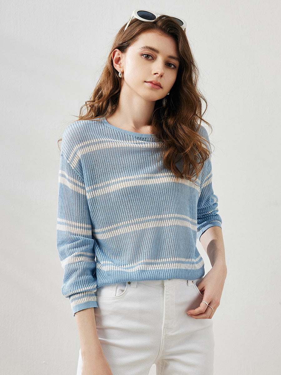 COMOBOCA Light Blue Women's Striped Ribbed Round Neck Sweater