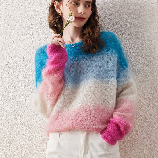COMOBOCA Women's Mohair Gradient Color Block Fluffy Knit Sweater