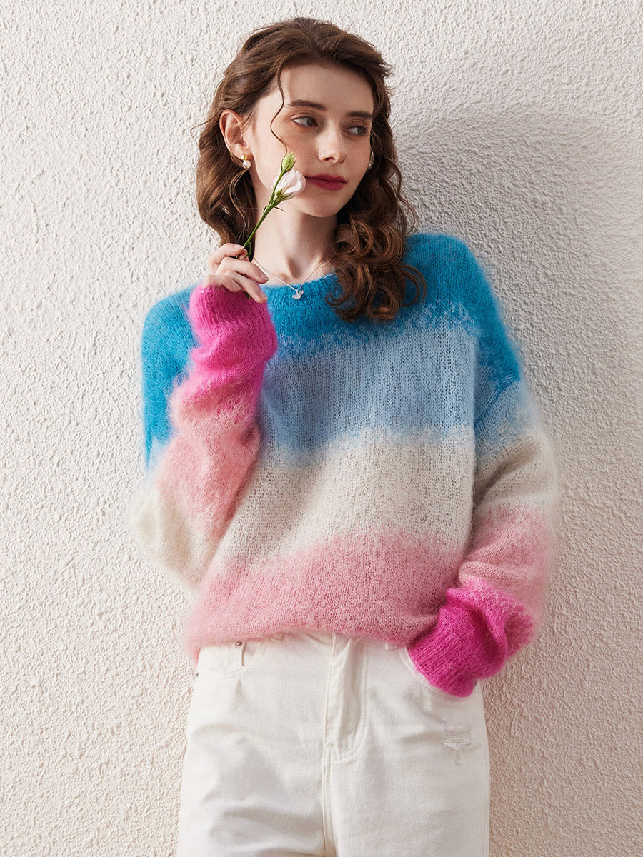COMOBOCA Women's Mohair Gradient Color Block Fluffy Knit Sweater
