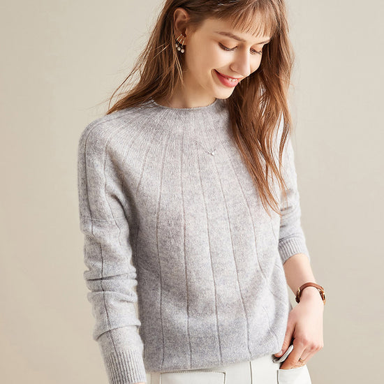 COMOBOCA Light Gray 100% Cashmere Women's Ribbed Knit Pullover Sweater