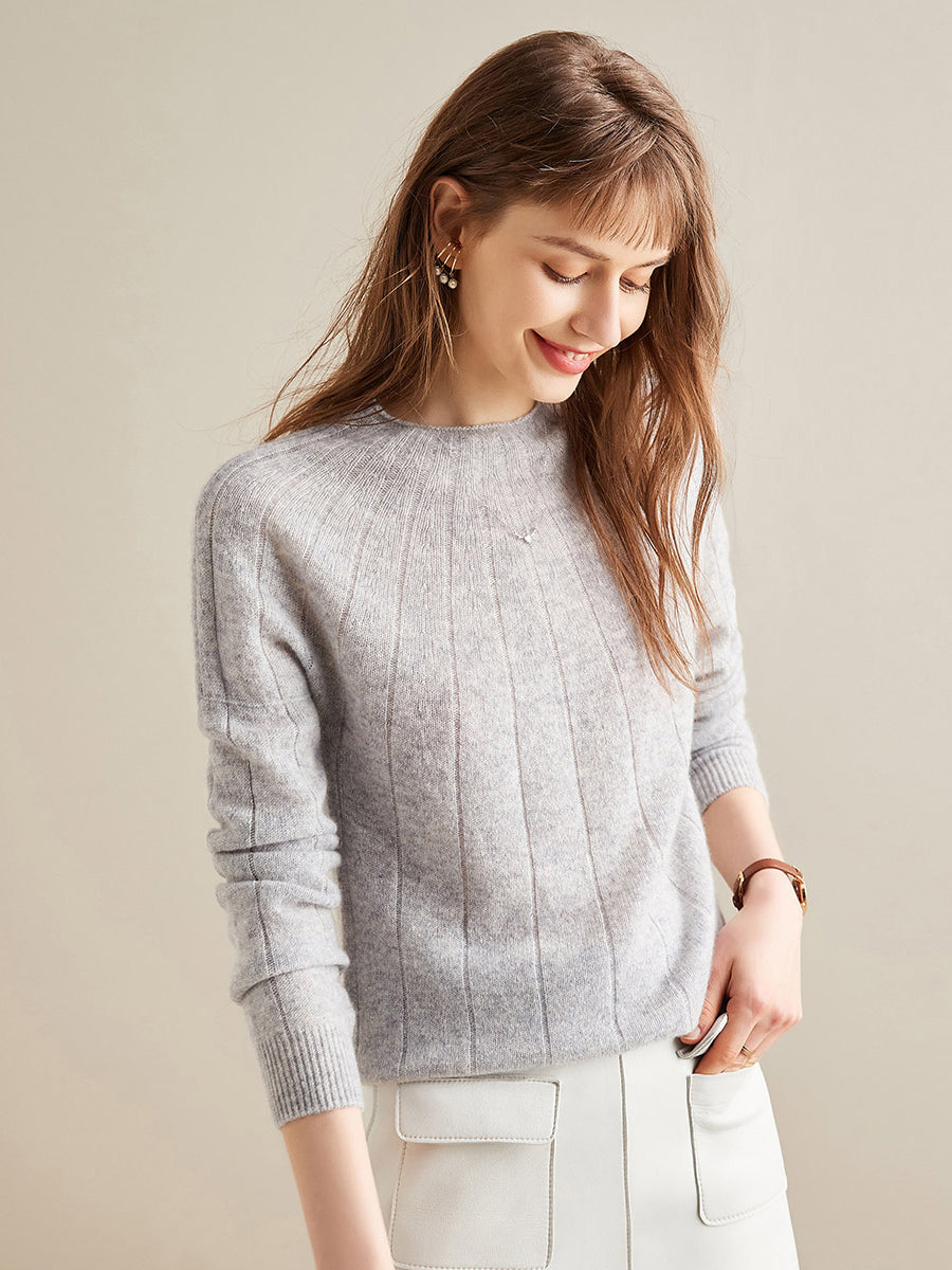 COMOBOCA Light Gray 100% Cashmere Women's Ribbed Knit Pullover Sweater