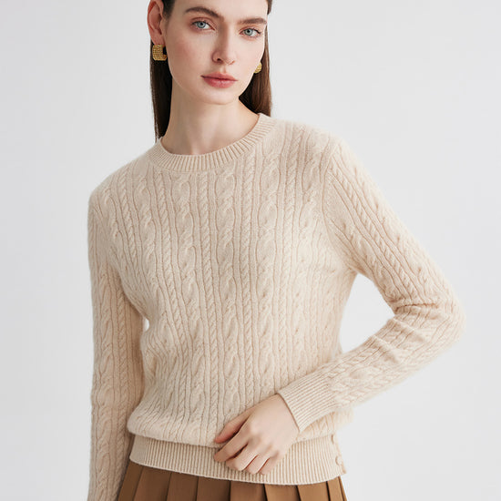 COMOBOCA 100% Cashmere Women's Cable Round Neck Knit Sweater