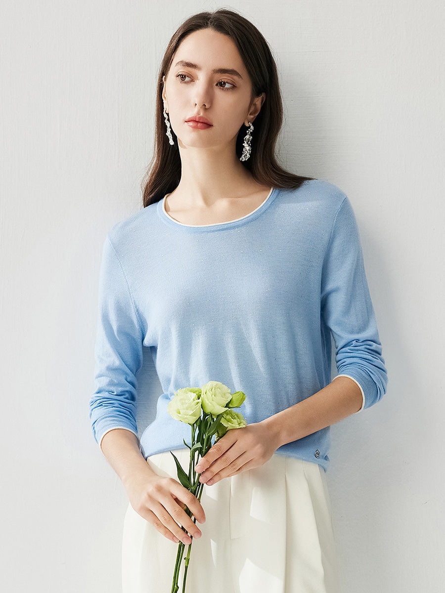 COMOBOCA Women's Rhinestone Detail Crewneck Knit Sweater