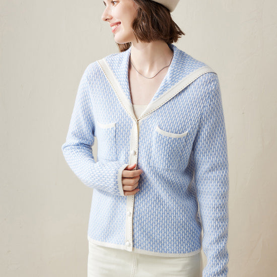 COMOBOCA Light Blue 100% Cashmere Women's Sailor Collar Knit Cardigan
