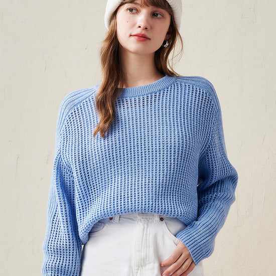 COMOBOCA Light Blue 100% Wool Women's Ribbed Knit Sweater