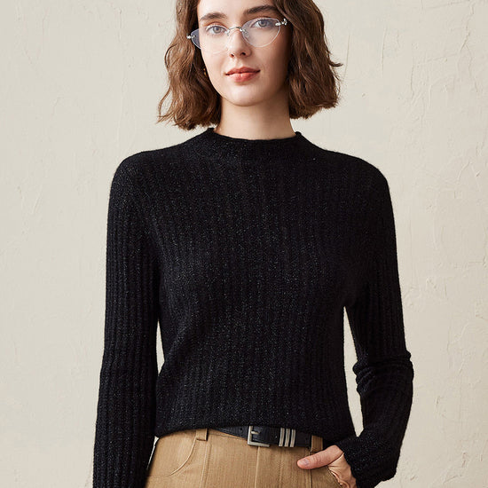 COMOBOCA Black Women's Ribbed Mock Neck Knit Sweater