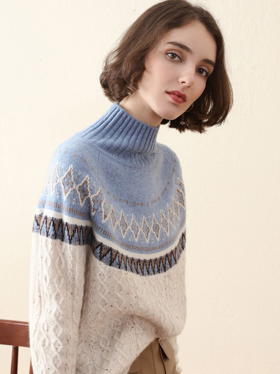 100% Cashmere Women's Mock Neck Fair Isle Cable Knit Sweater