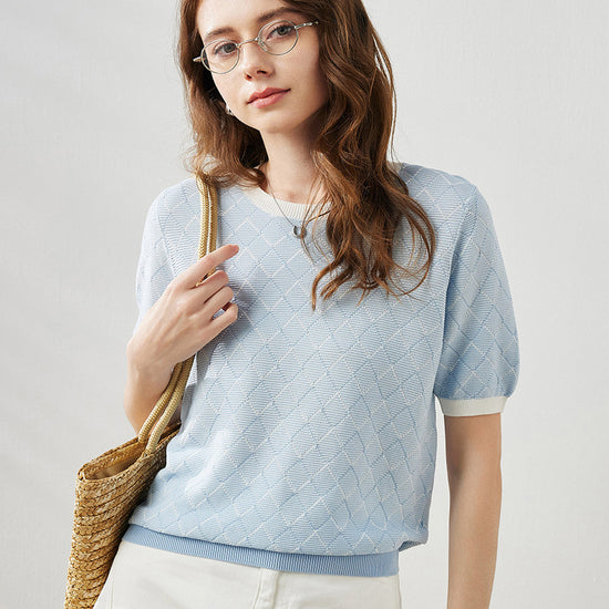 COMOBOCA Light Blue Women's Diamond Knit Short Sleeve Sweater