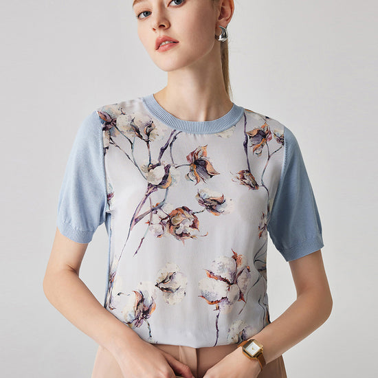COMOBOCA Light Blue Women's Cotton Silk Floral Ribbed Print Knit T-Shirt