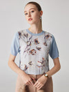 COMOBOCA Light Blue Women's Cotton Silk Floral Ribbed Print Knit T-Shirt