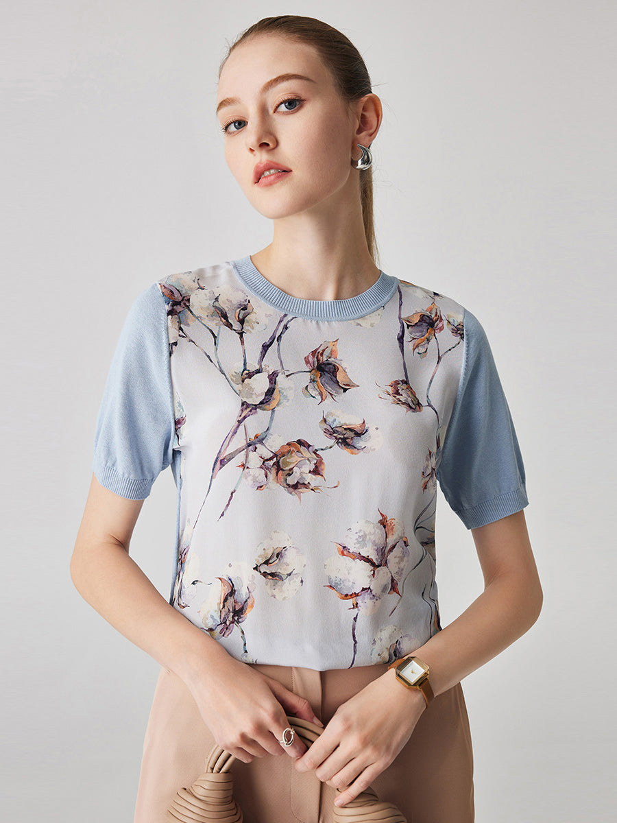 COMOBOCA Light Blue Women's Cotton Silk Floral Ribbed Print Knit T-Shirt