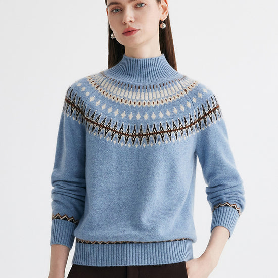 COMOBOCA 100% Cashmere Women's Fair Isle Mock Neck Sweater