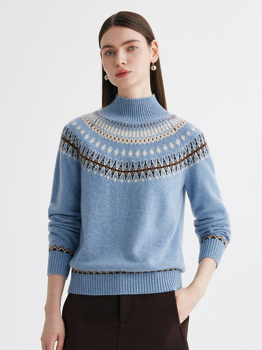 COMOBOCA 100% Cashmere Women's Fair Isle Mock Neck Sweater