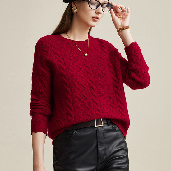 COMOBOCA Red 100% Wool Women's Vibrant Color Cable Knit Sweater