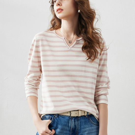 COMOBOCA Pink Women's Striped Long Sleeve V-Neck T-Shirt