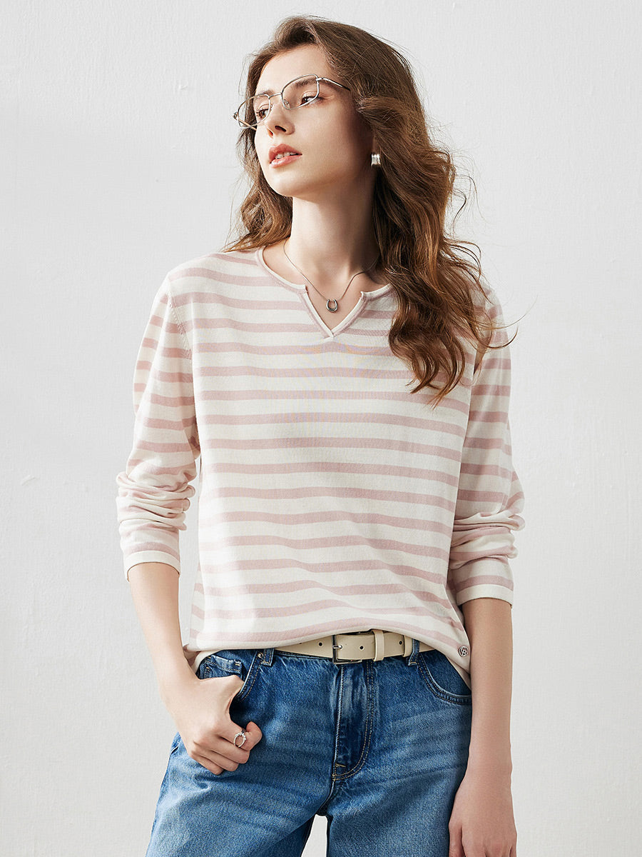 COMOBOCA Pink Women's Striped Long Sleeve V-Neck T-Shirt