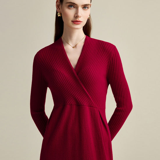 COMOBOCA 100% Cashmere Women's Knit V-Neck Midi Dress