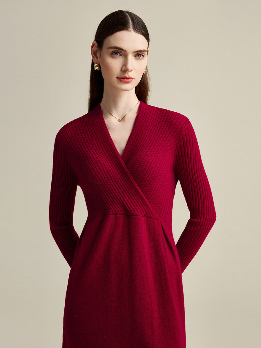 COMOBOCA 100% Cashmere Women's Knit V-Neck Midi Dress