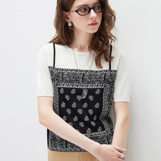 COMOBOCA Women's 2-in-1 Bandana Print Knit Top