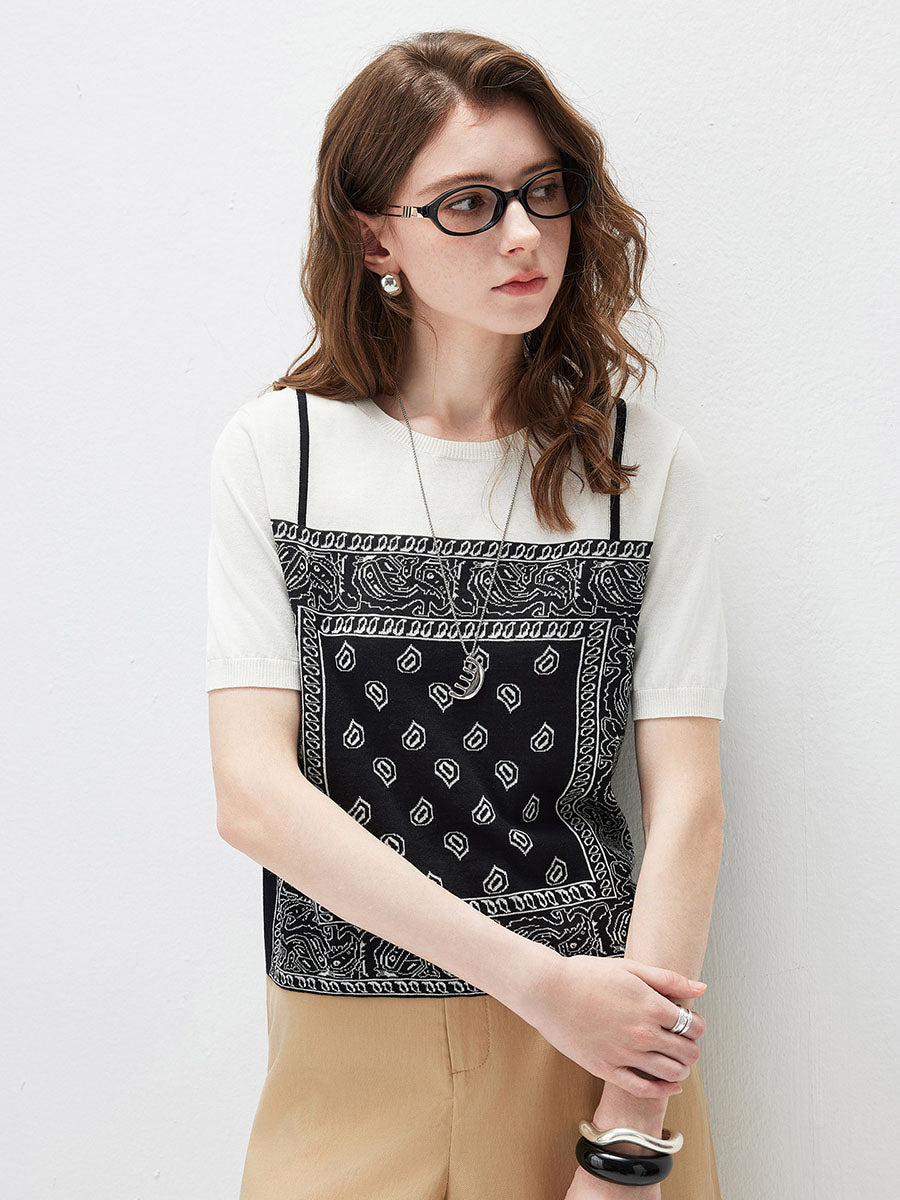 COMOBOCA Women's 2-in-1 Bandana Print Knit Top