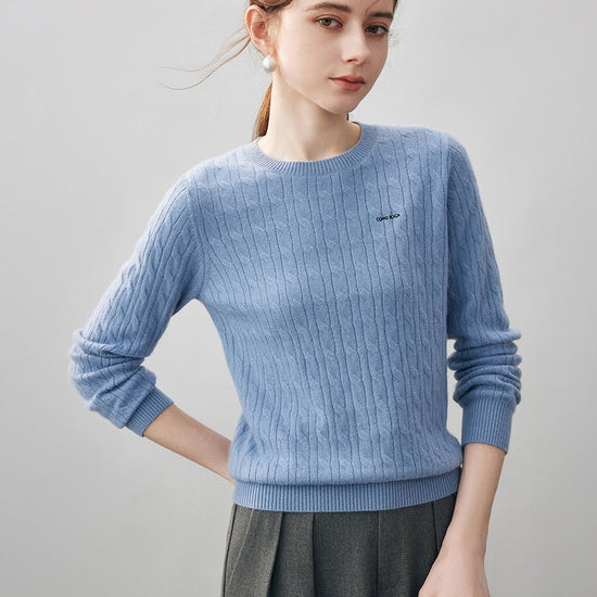 COMOBOCA Light Blue 100% Cashmere Women's Cable Round Neck Knit Sweater