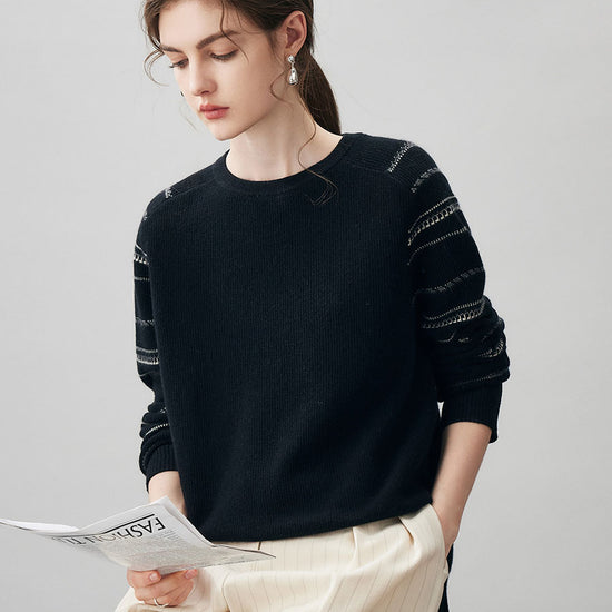 COMOBOCA 100% Cashmere Women's Striped Sleeve Round Neck Sweater