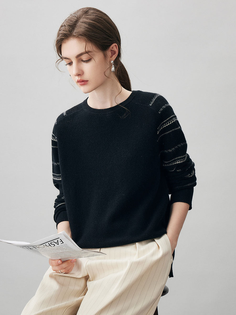 COMOBOCA 100% Cashmere Women's Striped Sleeve Round Neck Sweater