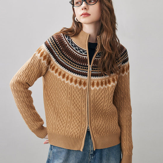 COMOBOCA 100% Wool Women's Fair Isle Zip Up Cable Knit Cardigan