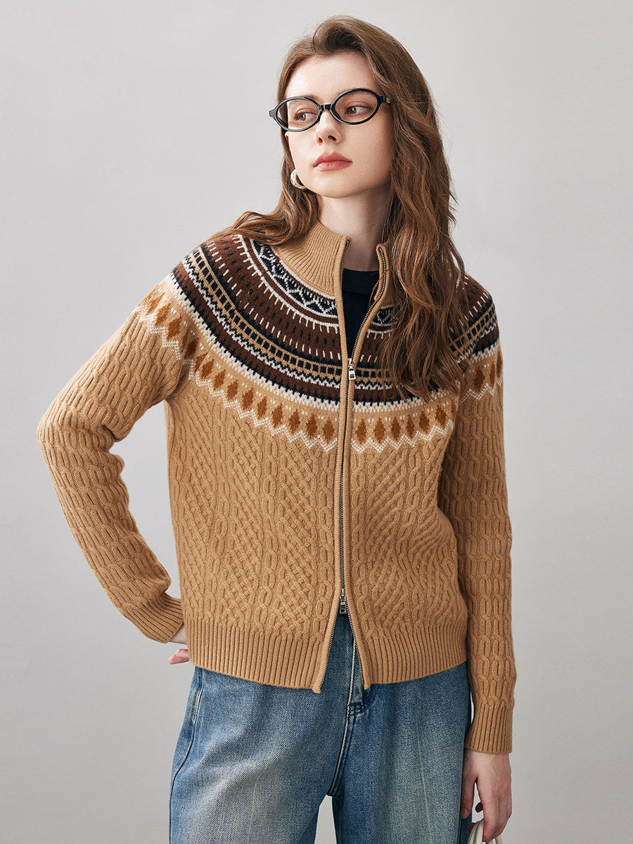 COMOBOCA 100% Wool Women's Fair Isle Zip Up Cable Knit Cardigan