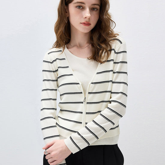 COMOBOCA Cloudy Women's Striped Ribbed Knit Faux 2-in-1 Zip Cardigan