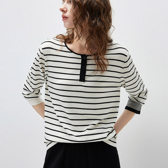 COMOBOCA Women's Stripe Henley Round Neck Sweater