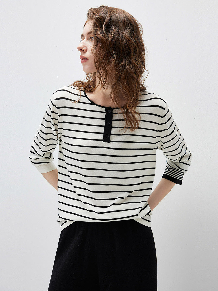 COMOBOCA Women's Stripe Henley Round Neck Sweater
