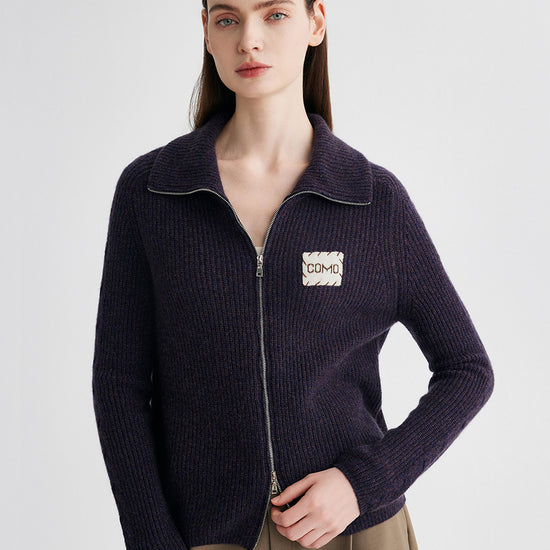 COMOBOCA 100% Cashmere Women's Ribbed Collared Zip Up Cardigan