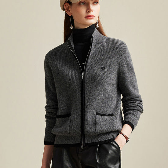 COMOBOCA Gray 100% Cashmere Women's Contrast Trim Dual Zip Pocket Cardigan