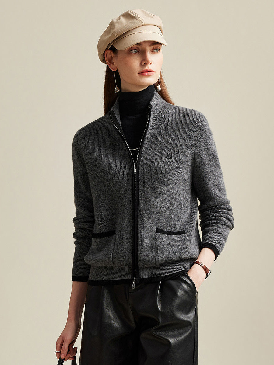 COMOBOCA Gray 100% Cashmere Women's Contrast Trim Dual Zip Pocket Cardigan