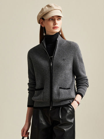 COMOBOCA Gray 100% Cashmere Women's Contrast Trim Dual Zip Pocket Cardigan